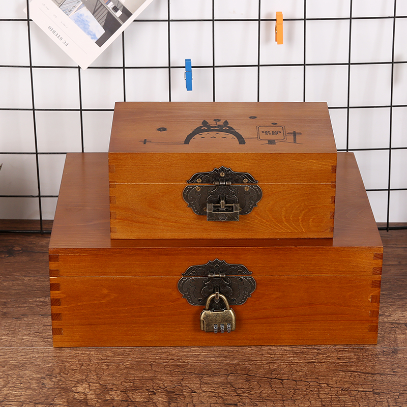 Solid wood rectangular retro wooden box with lock storage box wooden storage box large can put A4 storage box