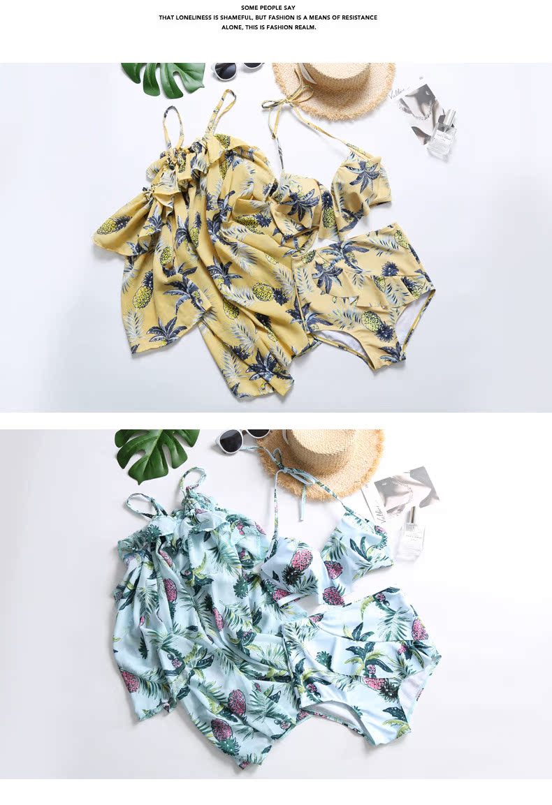 Áo tắm nữ màu vàng Hàn Quốc phiên bản áo voan tam giác bikini đôi ba mảnh dài tay áo nhanh chóng áo tắm - Vài đồ bơi 	đồ đôi maxi đi biển