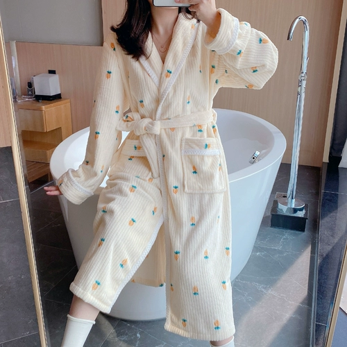 Демисезонный коралловый бархатный фланелевый банный халат, бархатная флисовая длинная милая пижама, 2025 года, увеличенная толщина