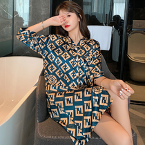 European and American wind net red sexy sleeping dress lady summer short sleeve ice silk shirt thin letter summer pyjamas dress