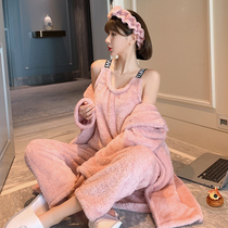 Sleepwear Woman Autumn Winter Coral Suede Thickened Warm Deposit Three Sets Harnesses Long Sleeve Sexy Sleepwear Home Suits Suit