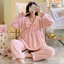 Sweet Pink Autumn Winter Style Sleeping Dress Woman Coral Suede Adorable Butterfly Knot Thickened Warm Flannel Suede Suit Suit