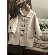Korean version of winter 2023 new hooded mid-length double-sided woolen woolen coat with horn button for girls