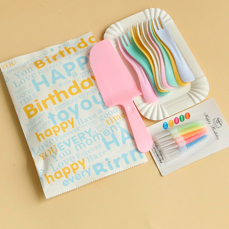 3-Person and 8-Person Birthday Cake Plate, Knife, Fork, and Candle Set, Disposable Tableware, Knife, Fork, Plate, Candles, Paper Plates