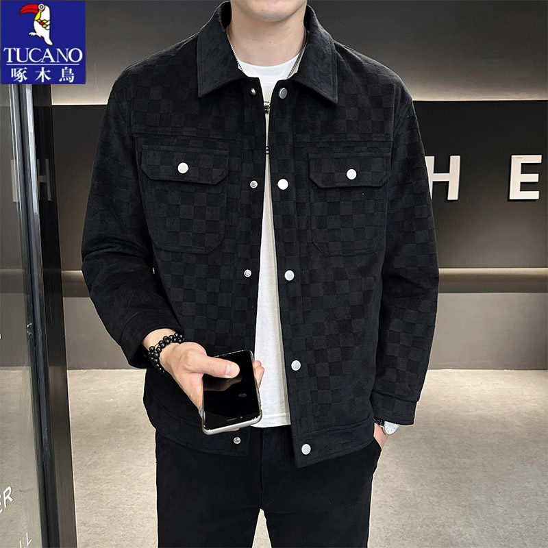 Woodpecker Autumn and Winter Korean Style Slim Fit Plaid Jacket for Men 2025 New Men's Suede Thickened Coat Stylish