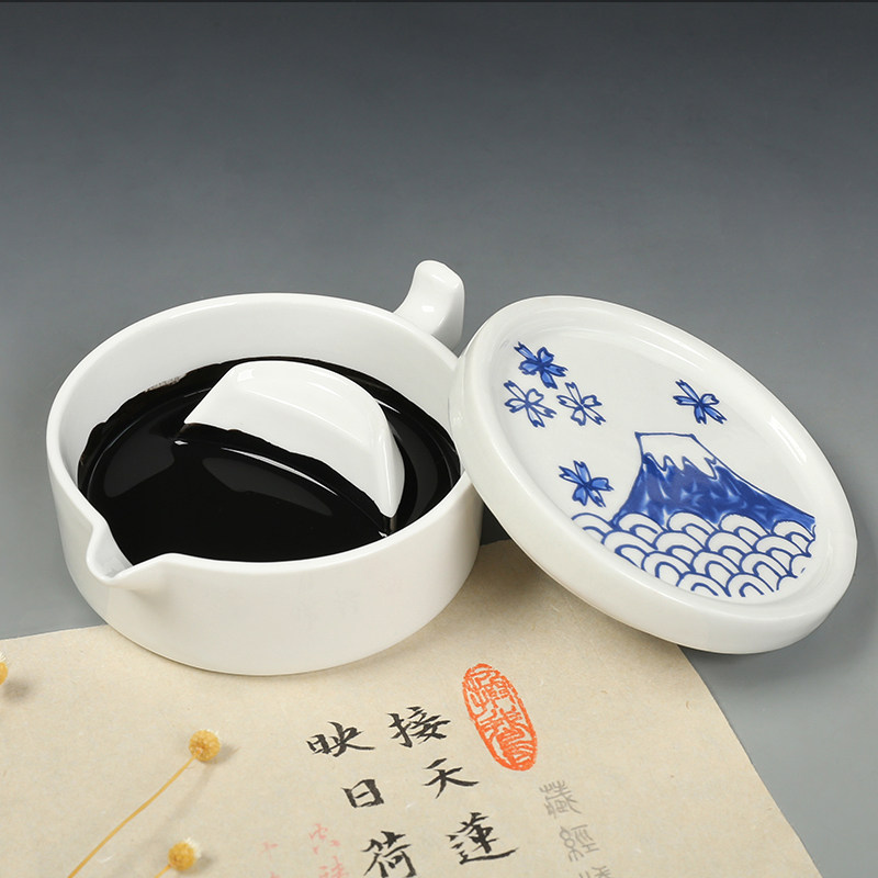 Multifunctional inkstone table with cover blue and white ceramic simple ink sea student practical study four treasures ink pool with cover