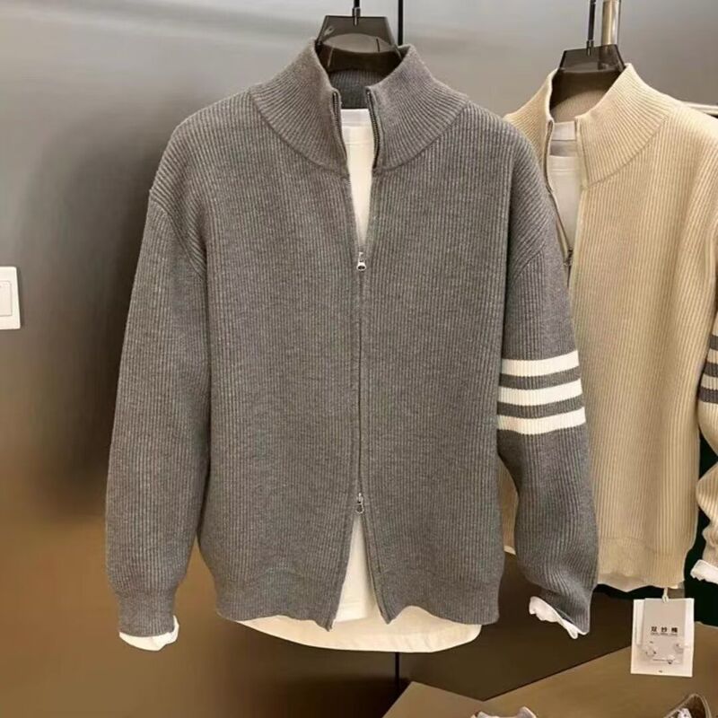 Sweater Jacket for Men, Autumn and Winter Korean Style, Three Stripes, Loose Fit, Large Size, Knitted Cardigan, Spring Style, Versatile Casual Top