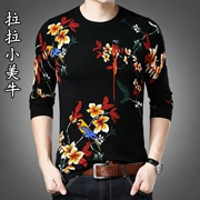 Áo len trung niên mùa thu nam áo len cashmere dài tay áo hoa lá và chim in áo sơ mi nam mỏng