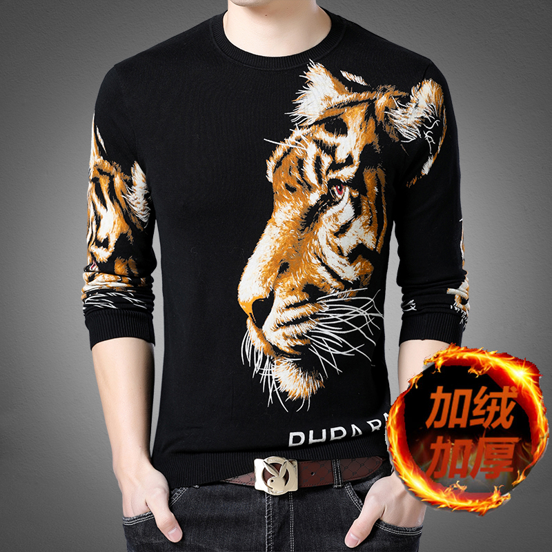 Mùa đông cộng với áo len dày nhung nam in áo len trẻ trung với hoa văn cashmere len ấm áp áo len nam quần jean nam ống rộng