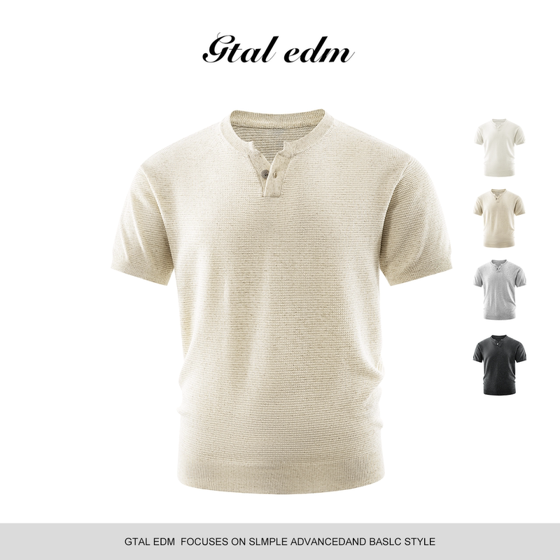 Gtal Henry Collar Short-Sleeve T-Shirt Knitwear for Men, High-End Textured Knit Sports Casual Top