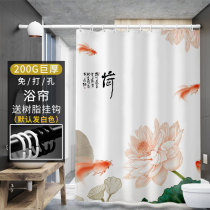 New Chinese Lotus shower curtain set non-perforated bathroom curtain toilet waterproof cloth water blocking curtain thickening mildew