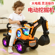 Childrens electric excavator can sit and ride large music toy car Boy excavator baby sliding engineering car