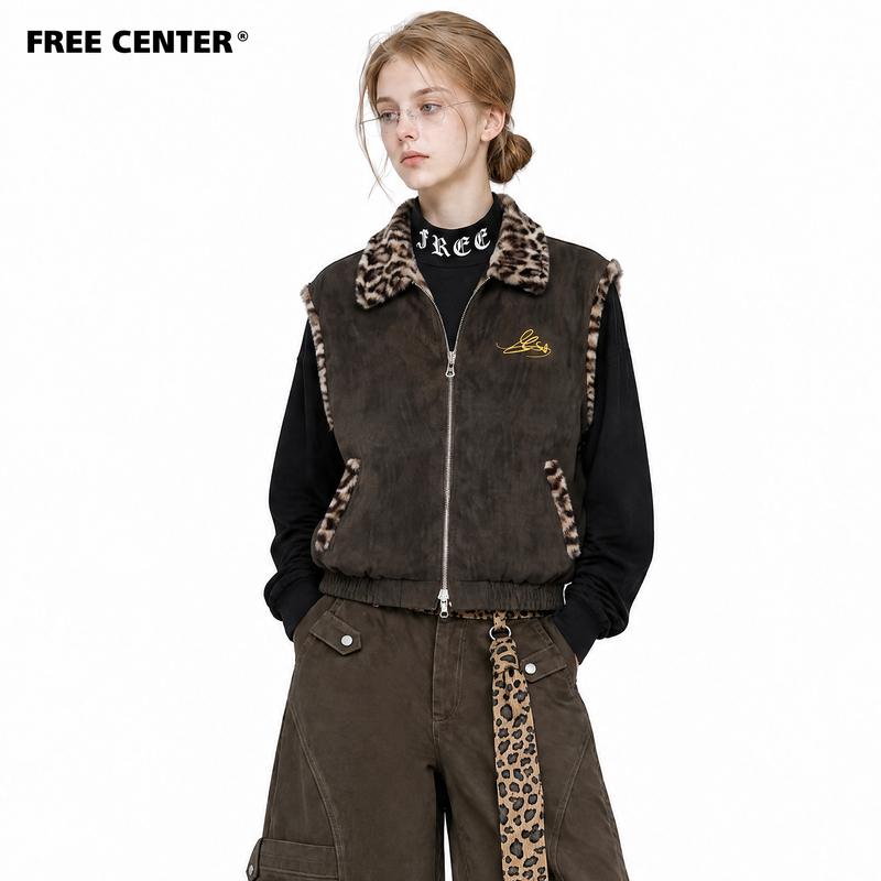 Free Center Retro Reversible Leopard Print Lapel Pu Leather Vest Loose Sleeveless Vest Jacket for Men and Women Free Center Retro Reversible Leopard Print Lapel Pu Leather Vest Loose Sleeveless Vest Jacket for Men and Women