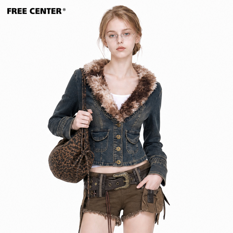Free Center American Retro Detachable Fur Collar Waist-Cinching Short Jacket for Women, Slimming Top for Hot Girls Free Center American Retro Detachable Fur Collar Waist-Cinching Short Jacket for Women, Slimming Top for Hot Girls