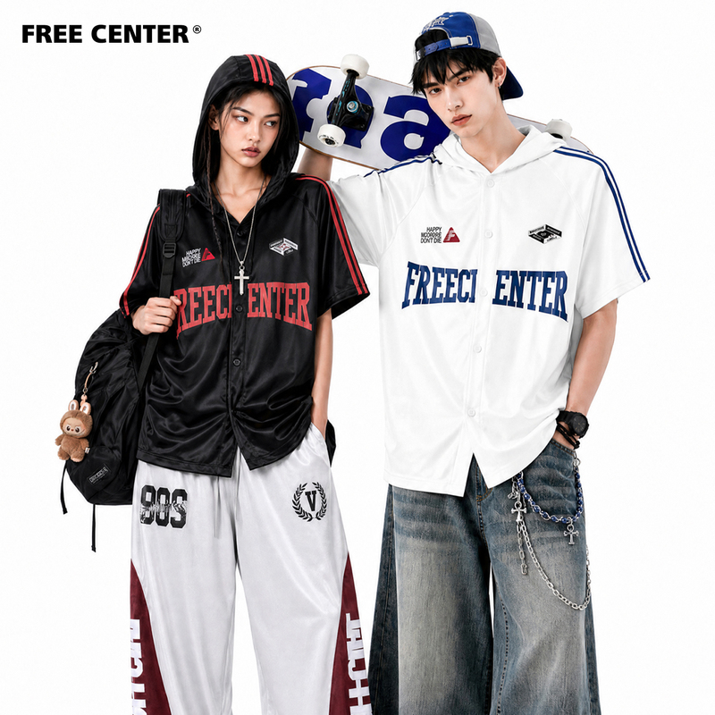 Freecenter American Retro Embroidered Baseball Cardigan for Men and Women, Summer Loose Short-Sleeved Hooded Shirt, Thin Jacket Freecenter American Retro Embroidered Baseball Cardigan for Men and Women, Summer Loose Short-Sleeved Hooded Shirt, Thin Jacket