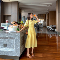 Dsix Dsix summer clothes 2021 new female retro long waist thin temperament light yellow chiffon dress