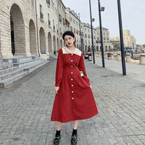 2022 Autumn Winter New Retro Port Wind Brick Red collar Long dress Code style single row of lace lamp Core velvety dress