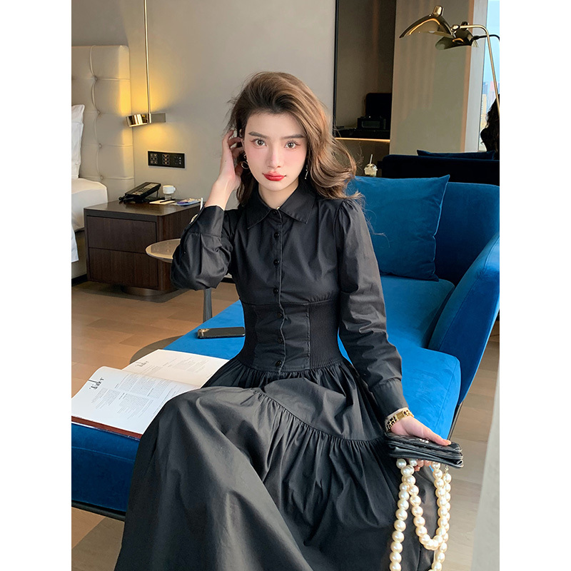 Deng Liuli's French Retro Shirt Dress, Hepburn-Style Little Black Dress, Waist-Cinching, Slimming, Long-Sleeved Black Dress for Women, Early Spring Deng Liuli's French Retro Shirt Dress, Hepburn-Style Little Black Dress, Waist-Cinching, Slimming, Long-Sleeved Black Dress for Women, Early Spring