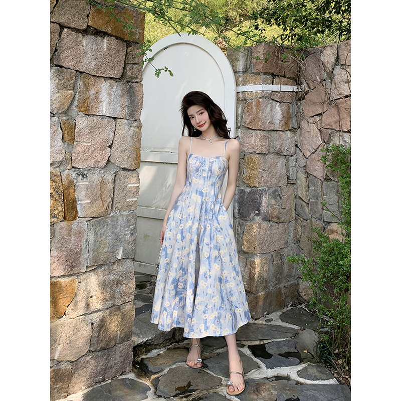 Deng Liuli French-Style Blue Oil Painting Long Dress Seaside Vacation Beach Dress Large Swing Skirt Floral Spaghetti Strap Dress Women's Summer