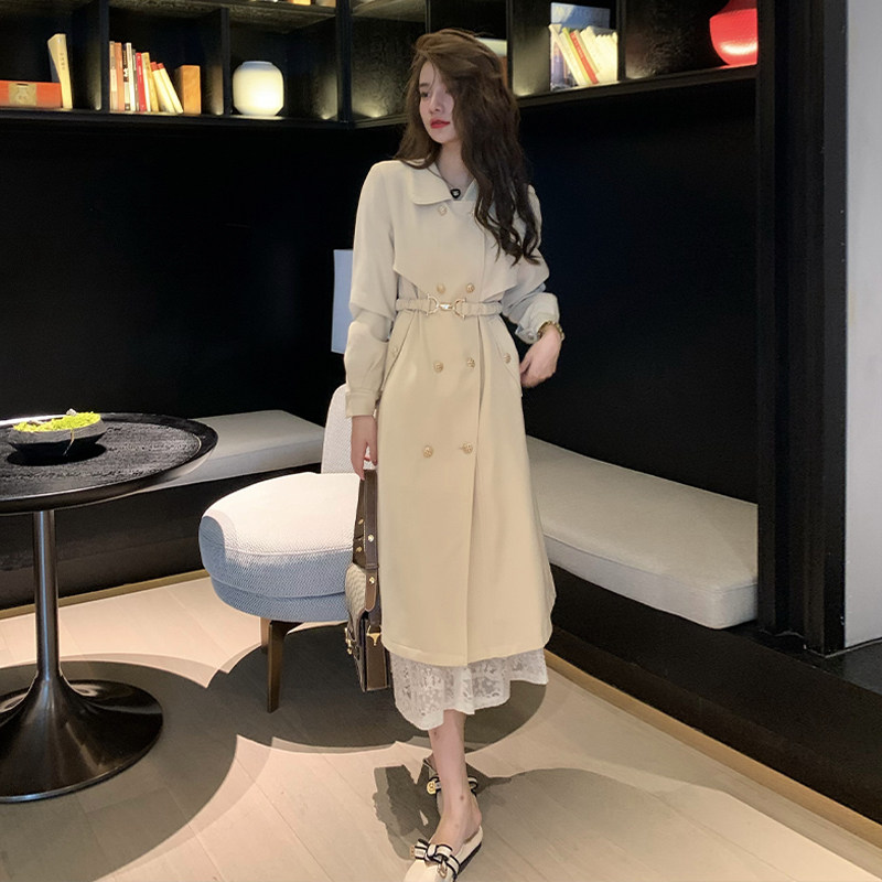 Deng Liuliu Korean version loose mid-length windbreaker femininity slimming retro horseshoe buckle cheese color over-the-knee coat