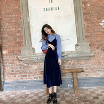 Deng six-six-style elegant upright collar horn sleeve shirt reduced-age velvet hanging band skirt Winter dress Two sets of women