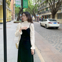 Dunsix-six-and-a-half high collar foam sleeves hollowed-out sweatshirt sexy opening autumn winter velvet suspension with skirt suit