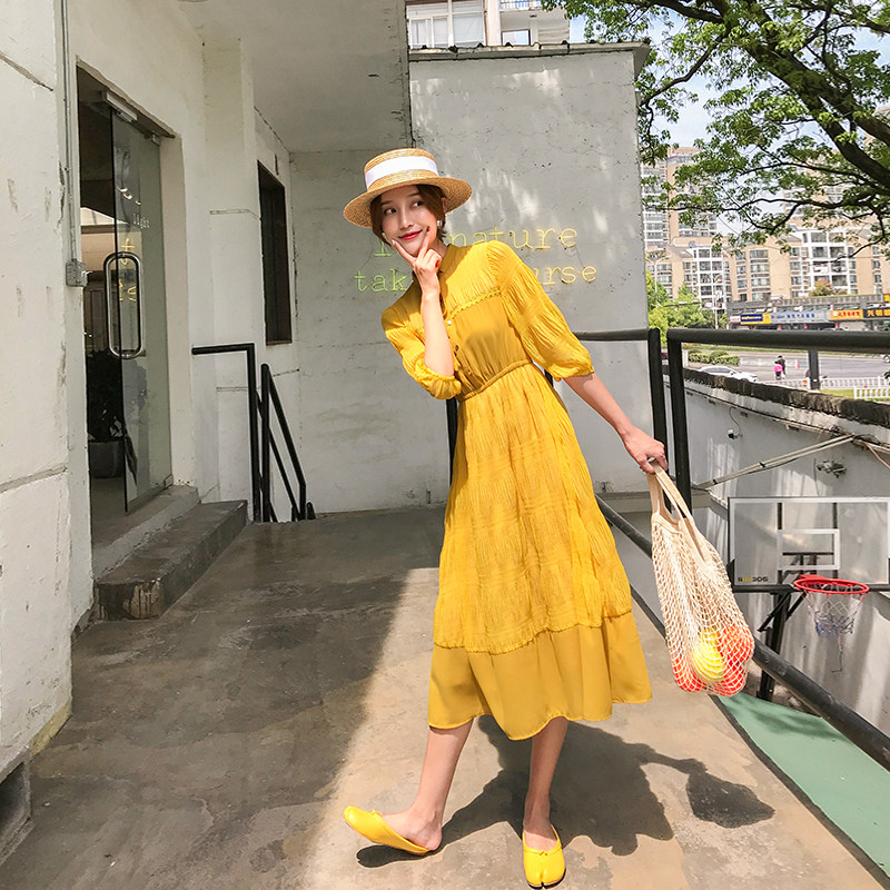Fairy skirt French niche orange terrier skirt vintage Hepburn style show skinny yellow chiffon pleated dress women's mid-length