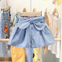  Small and medium-sized childrens spring and autumn new summer denim culottes girls summer bow female baby wild hot pants Western style