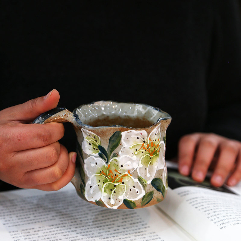 Ceramic Hand-Painted Floral Rim Green Lily Coffee Cup Creative Retro Style Underglaze Color Milk Cup Ceramic Water Cup
