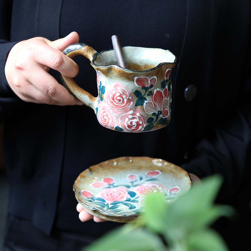 Clay Hand-Painted Pink Rose Lace-Edged Coffee Cup Set Jingdezhen Ceramic Underglaze Milk Tea Cup Clay Hand-Painted Pink Rose Lace-Edged Coffee Cup Set Jingdezhen Ceramic Underglaze Milk Tea Cup
