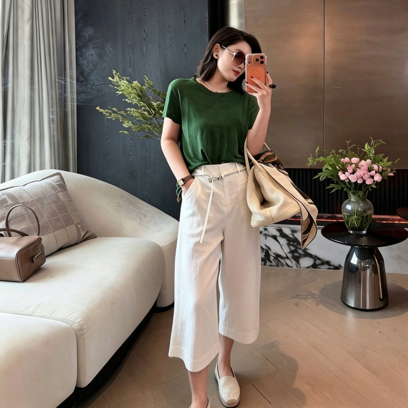 The Meng's "Ace Pants" Perfect Normandy Natural Linen Minimalist New Wide-Leg Cropped Casual Pants for Women in Summer
