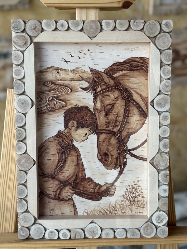 Hulunbuir Intangible Cultural Heritage Birch Bark Pyrography Artwork, Birch Bark Hot Stamping Artwork, Year of the Horse Birch Bark Artwork (Sold as Is, No Returns or Exchanges)