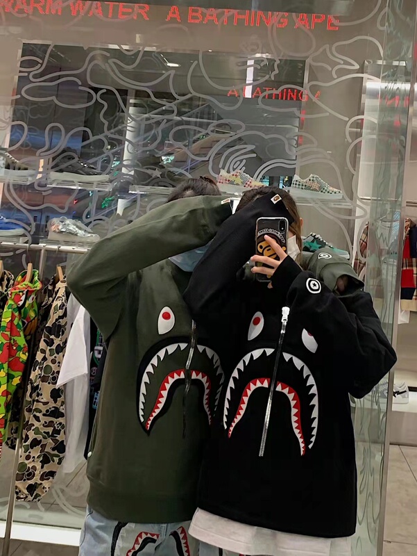 Bape Genuine Trendy Unisex Loose Long-Sleeve Printed Casual Shark Patch Pullover Pure Cotton Autumn and Winter Embroidered Sweatshirt