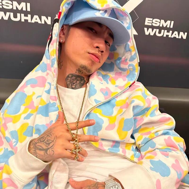 Bape Ma Siwei's Same Style Multi-Color Camouflage Ice Cream Shark Hooded Ape Head Embroidered Couple Zipper Jacket Bape Ma Siwei's Same Style Multi-Color Camouflage Ice Cream Shark Hooded Ape Head Embroidered Couple Zipper Jacket