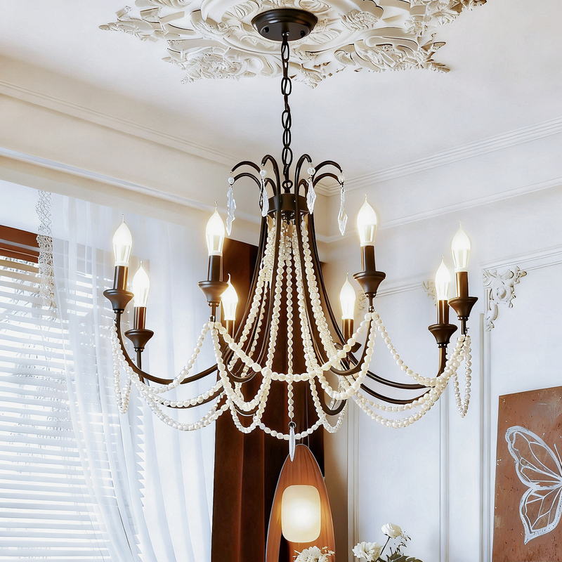 Black French Retro Chandelier, High-End Imitation Pearl Crystal Living Room Lamp, American Mid-Century Style Study Bedroom Lamps Black French Retro Chandelier, High-End Imitation Pearl Crystal Living Room Lamp, American Mid-Century Style Study Bedroom Lamps