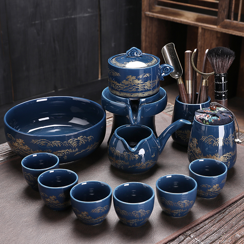 Complete set of Kung Fu Stone Mill tea set gilt tea cup wash sea ceramic simple lazy man tea maker Home Office