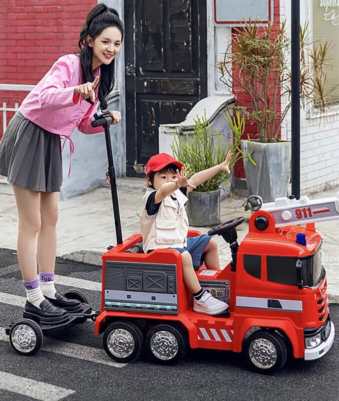 Children's Electric Ride-On Construction Vehicle Fire Truck with Four-Wheel Drive, Remote Control, Swing Function, Parent-Child Stroller, and Baby Stroller