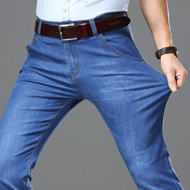 Summer ສູງ elastic ຜູ້ຊາຍ jeans ultra-thin ວ່າງໄຂມັນສູງ elastic ບາດເຈັບແລະ trousers ໄຂມັນບວກກັບຂະຫນາດ