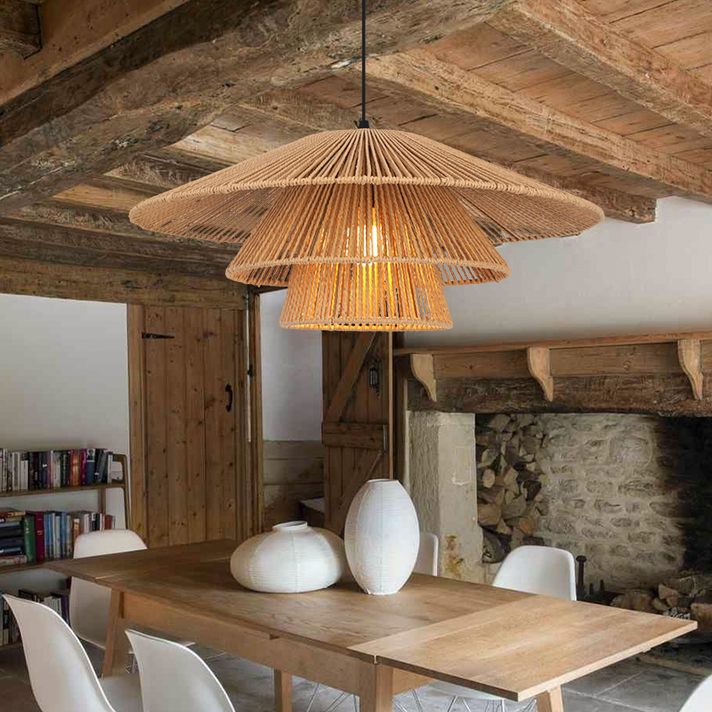 Hemp Rope Pendant Light Wabi-Sabi Style Guesthouse Hotel Pendant Light Thai Retro Clubhouse Restaurant Light Rattan Lampshade Bamboo Lamp