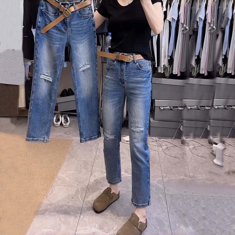 2026 Summer New Blue High-Waisted Ripped Nine-Point Straight-Leg Pants Women's Plus Size Stretch Slimming Jeans Cigarette Pants