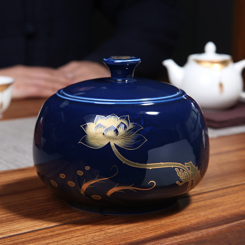 Ceramic tea pot Ji blue glaze storage pot Gongfu tea color glaze Medium sealed pot Wake-up tea container storage tea warehouse tea pot