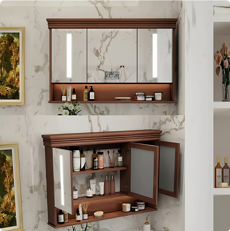 New Chinese-Style Solid Wood Bathroom Mirror Cabinet, Wall-Mounted Washroom Mirror with Smart Lighting and Storage, Feng Shui Mirror Cabinet