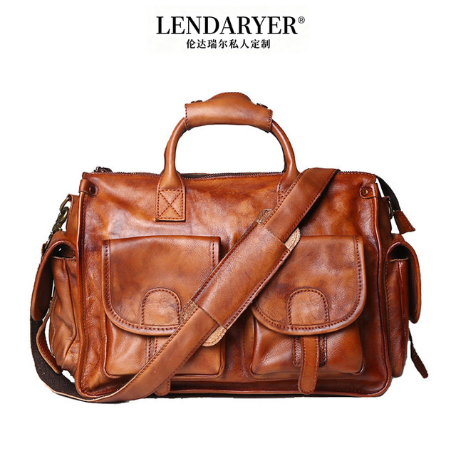 Lendaryer Men's Briefcase New Model High-End First-Layer Cowhide Horizontal Style Vintage Hand-Rubbed Vegetable-Tanned Leather Laptop Bag