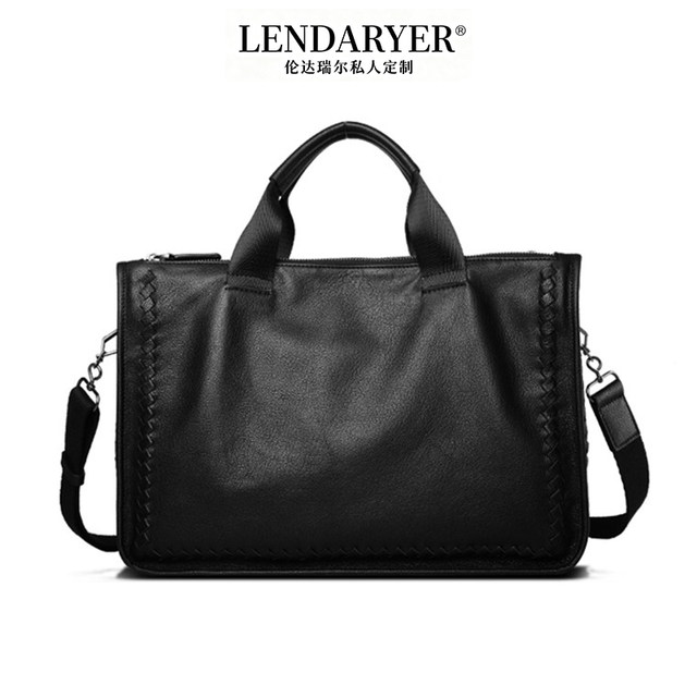 Lendaryer Woven Cowhide Men's Handbag Genuine Leather Business Casual Soft Leather Business Briefcase Computer Bag