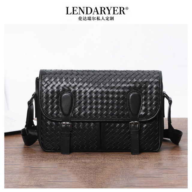 Lendaryer Single Shoulder Bag for Men, New Woven Top-Layer Cowhide Crossbody Bag with Flap, Portable Multifunctional Crossbody Bag
