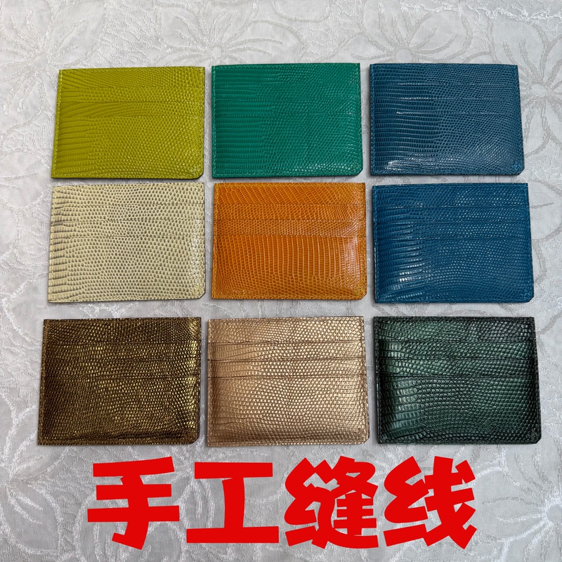 Hand-Sewn Waxed Thread Lizard Leather Card Holder, Unisex Portable Crocodile Leather Multi-Card Slot Leather Case Business Card Holder