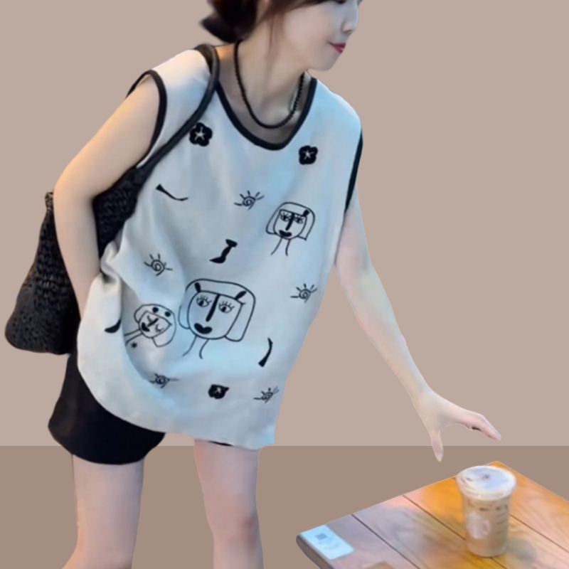 High-End, Age-Reducing Cartoon Graffiti Embroidered Cotton and Linen Round-Neck Loose Vest for Women, Summer Outerwear, Sleeveless Top, Vest