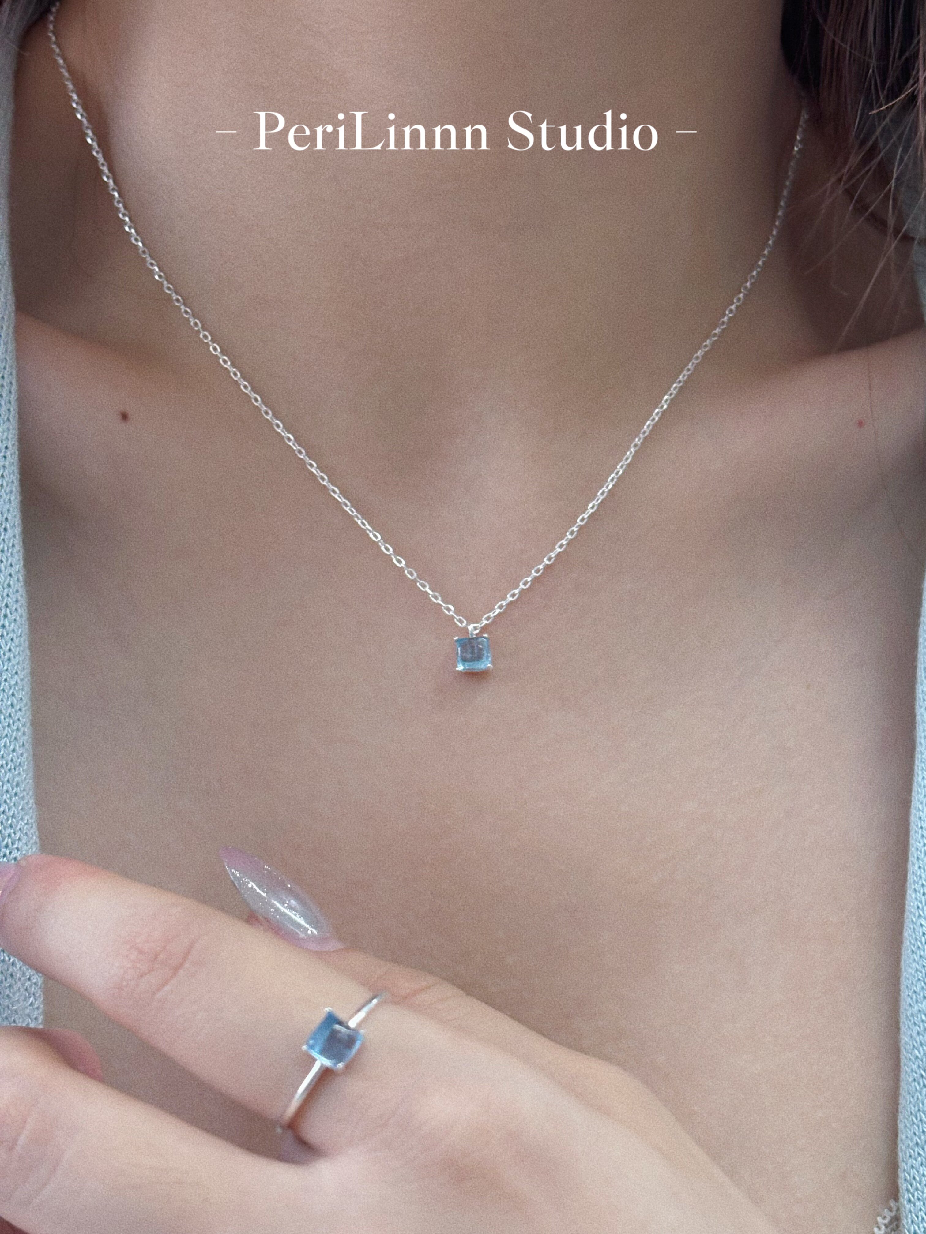 PeriLinnn「アクアマリンシュガーキューブ」天然アクアマリン スターリングシルバーリング＆ネックレスセット - 女性へのミニマリストギフト