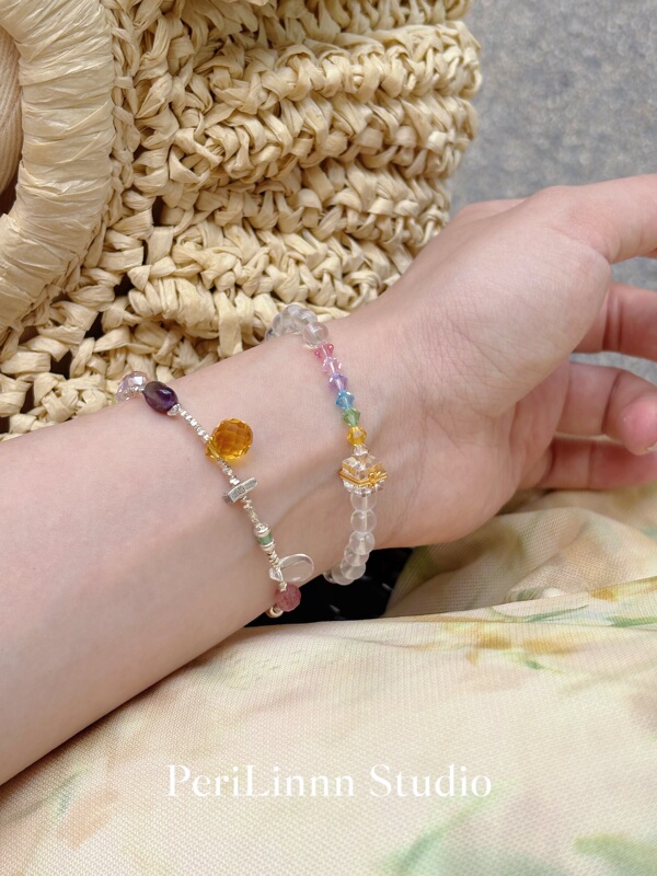 Perilinnn "Neon Sweetheart" Original Natural Pearl, Silver Fragments, White Crystal, Natural Stone Bracelet Gift