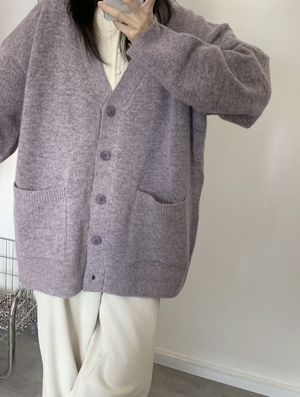 Autumn and Winter Slimming Lazy Style Purple-Gray Knitted Cardigan Loose Niche Hong Kong Style High-End Korean Sweater Women's Coat